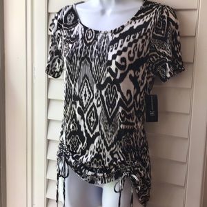 INC knot top w/gather tie detail front, blk/wht S